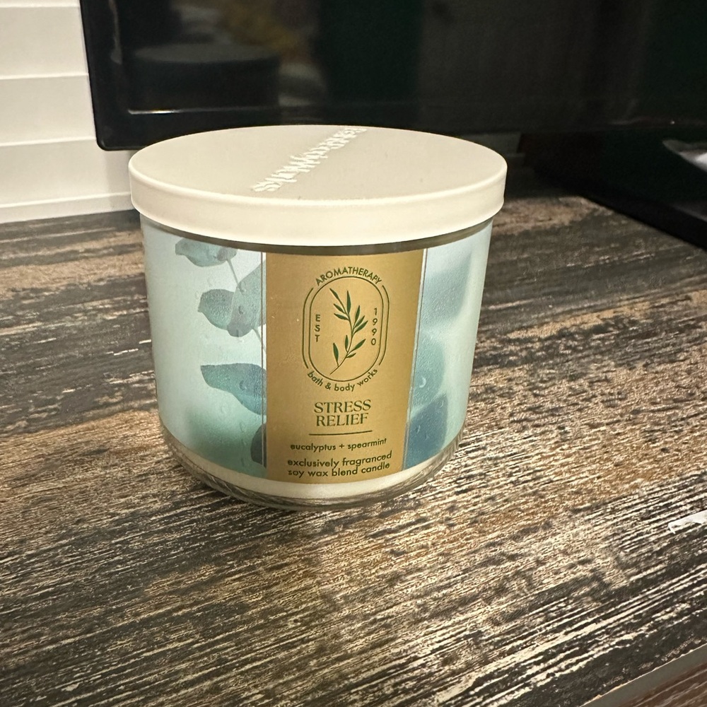 Bath & Body Works Stress Relief Candle - Light Aqua Jar with Cream Lid